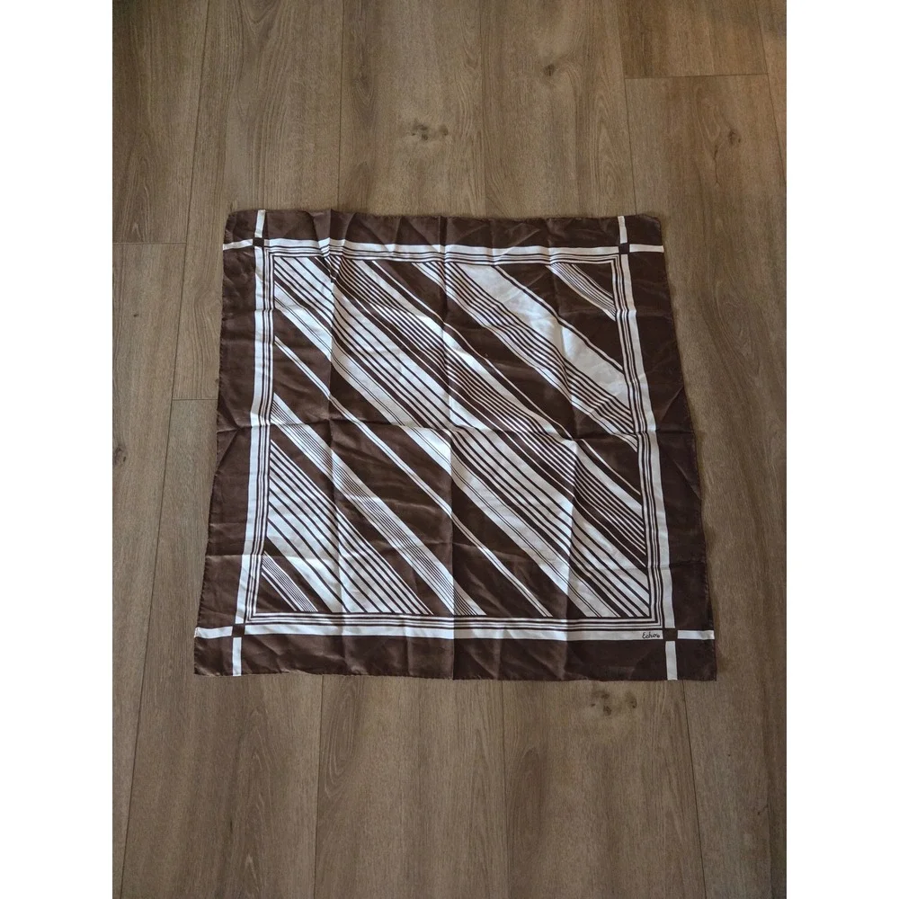 Echo Vintage 1970s Silk Brown and Cream Diagonal Stripe Square Scarf